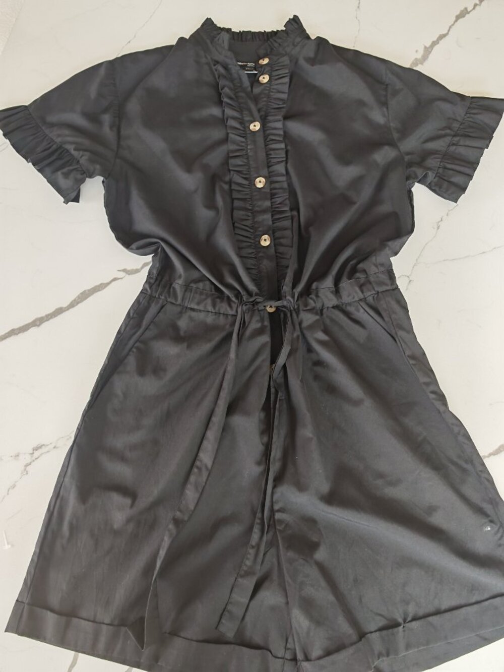 French Connection Black Ruffle Button Front Romper Dress Size 4 | Cinched Waist - Picture 2 of 11